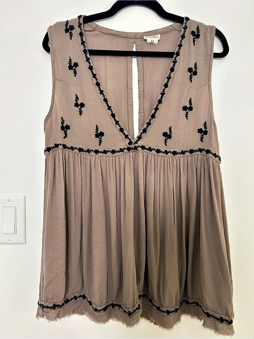 Natural Life Embroidered Babydoll Top M Brown Boho Whimsigoth